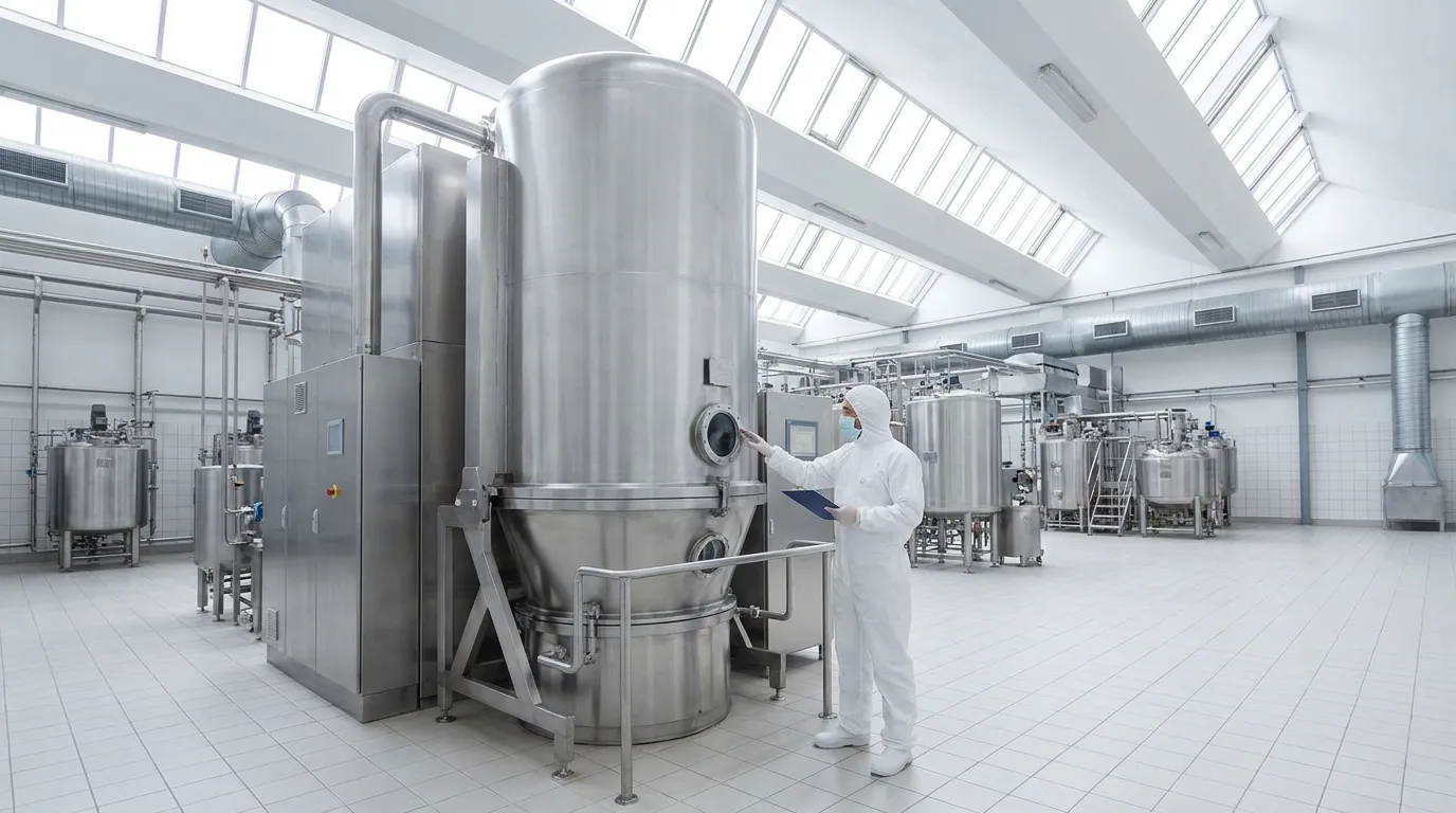 Technician inspecting a large stainless steel pharmaceutical dryer in a clean industrial processing facility.