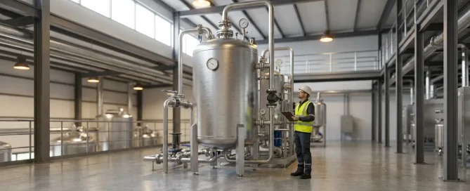 Industrial pressure leaf filter vessel with a worker performing an equipment inspection inside a processing facility.