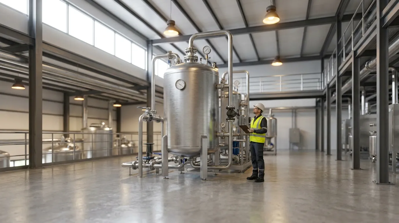 Industrial pressure leaf filter vessel with a worker performing an equipment inspection inside a processing facility.