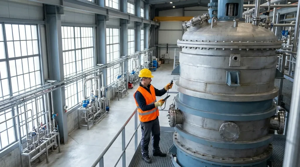 Technician inspecting a large industrial pressure vessel using handheld diagnostic equipment.