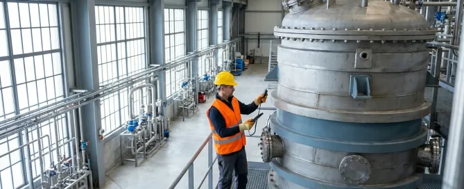 Technician inspecting a large industrial pressure vessel using handheld diagnostic equipment.