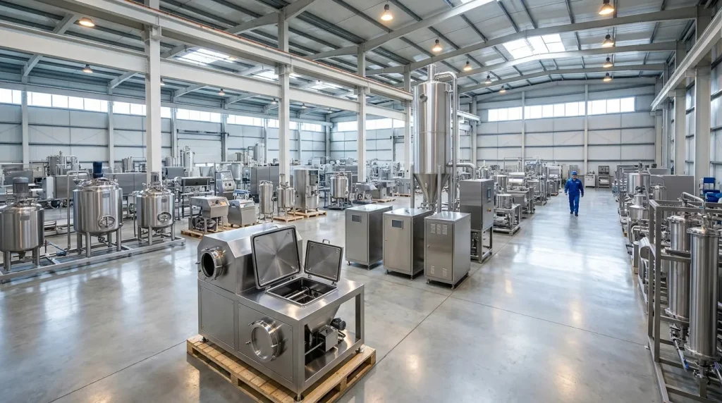 Large industrial warehouse displaying stainless steel process equipment and drying systems inventory.