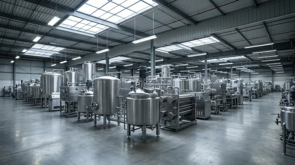 Large warehouse containing stainless steel industrial process equipment, tanks, dryers, and processing machinery.