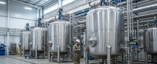 Industrial processing facility with multiple large stainless steel reactors and a technician performing equipment inspections.