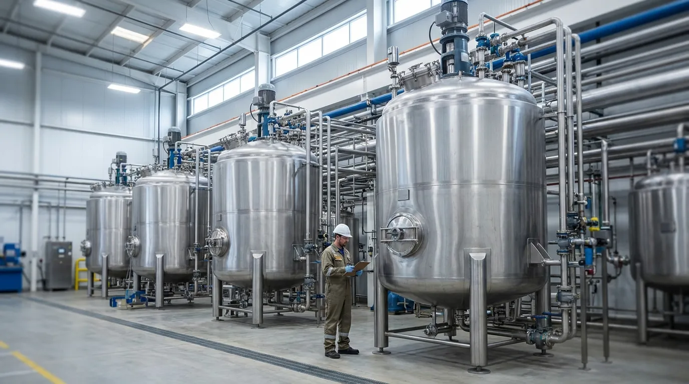 Industrial processing facility with multiple large stainless steel reactors and a technician performing equipment inspections.