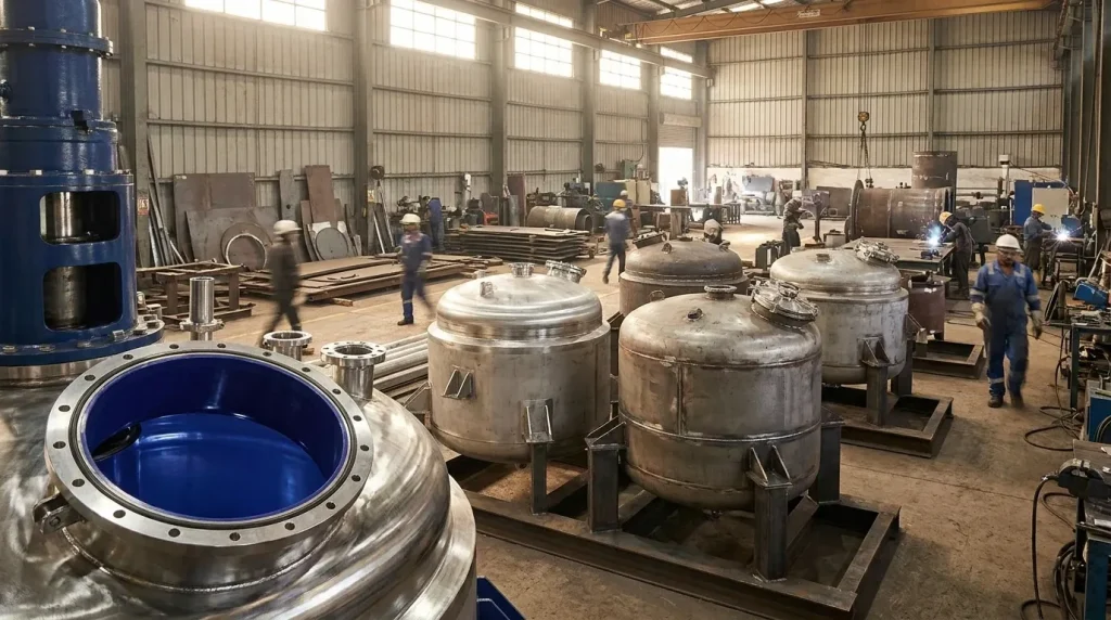 Industrial workshop with multiple reactor vessels, including glass-lined and stainless steel processing equipment.