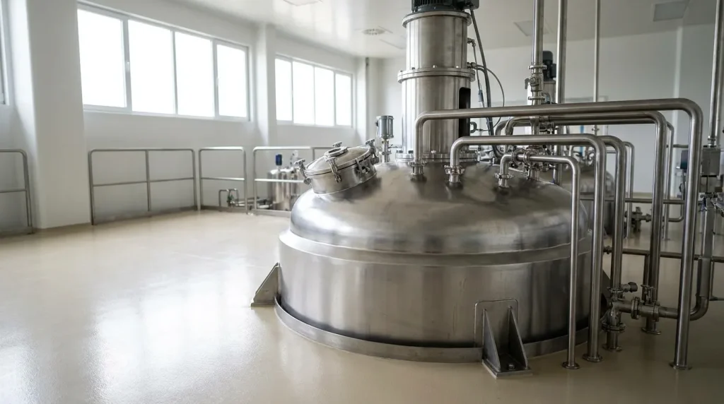 Large stainless steel industrial reactor vessel installed in a clean pharmaceutical manufacturing facility.