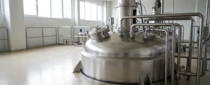 Large stainless steel industrial reactor vessel installed in a clean pharmaceutical manufacturing facility.