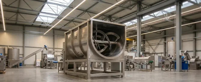 Industrial ribbon blender with stainless steel mixing trough and internal ribbon agitator in a manufacturing facility.