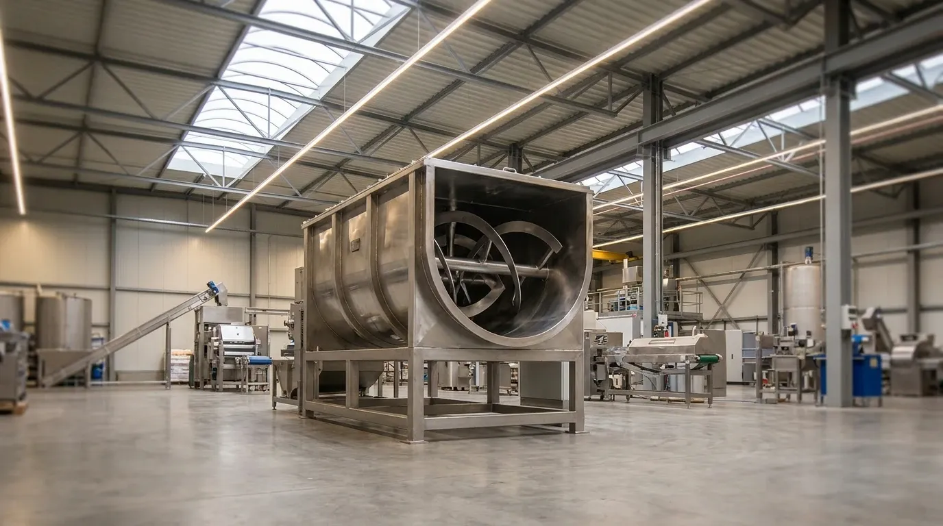 Industrial ribbon blender with stainless steel mixing trough and internal ribbon agitator in a manufacturing facility.