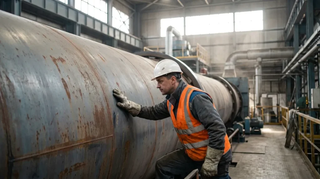 Maintenance technician inspecting the exterior condition of a large industrial rotary dryer in a processing facility.