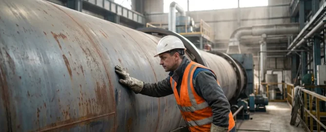 Maintenance technician inspecting the exterior condition of a large industrial rotary dryer in a processing facility.