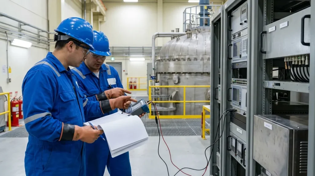Two industrial technicians testing reactor equipment and reviewing measurements during a safety inspection.