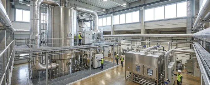 Industrial facility showing large spray drying equipment alongside fluid bed drying systems.