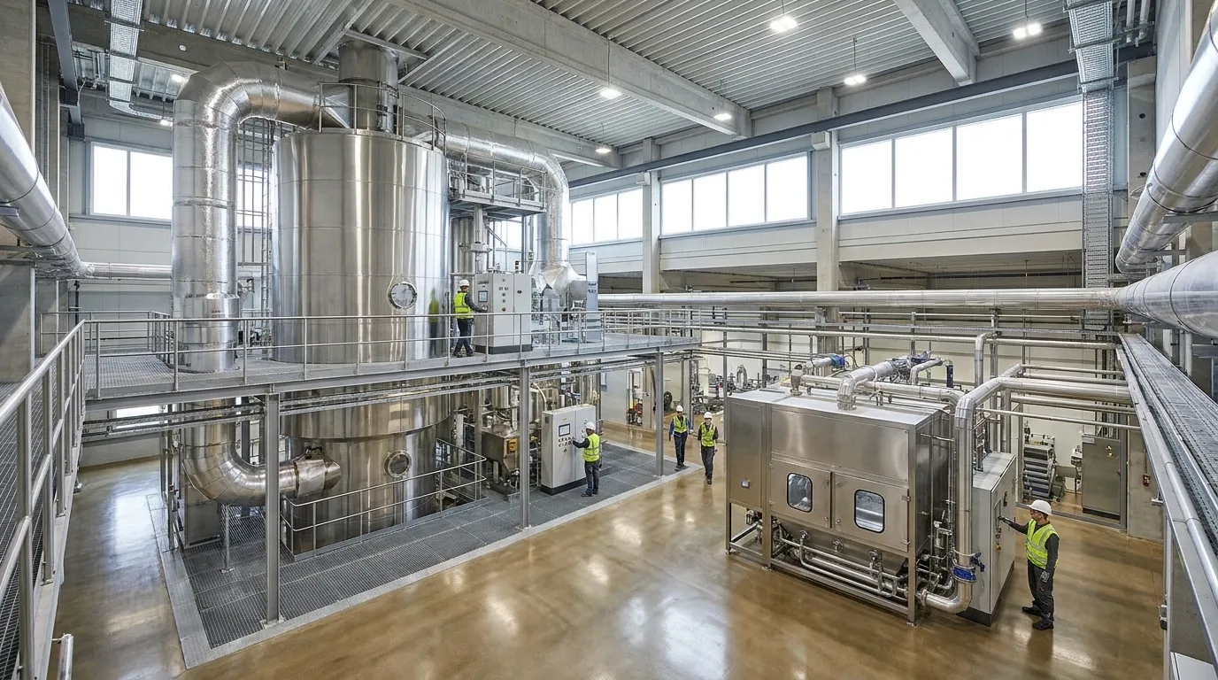 Industrial facility showing large spray drying equipment alongside fluid bed drying systems.