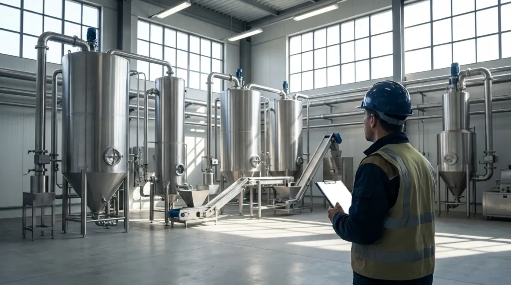 Technician inspecting industrial spray dryer equipment during a production downtime assessment.