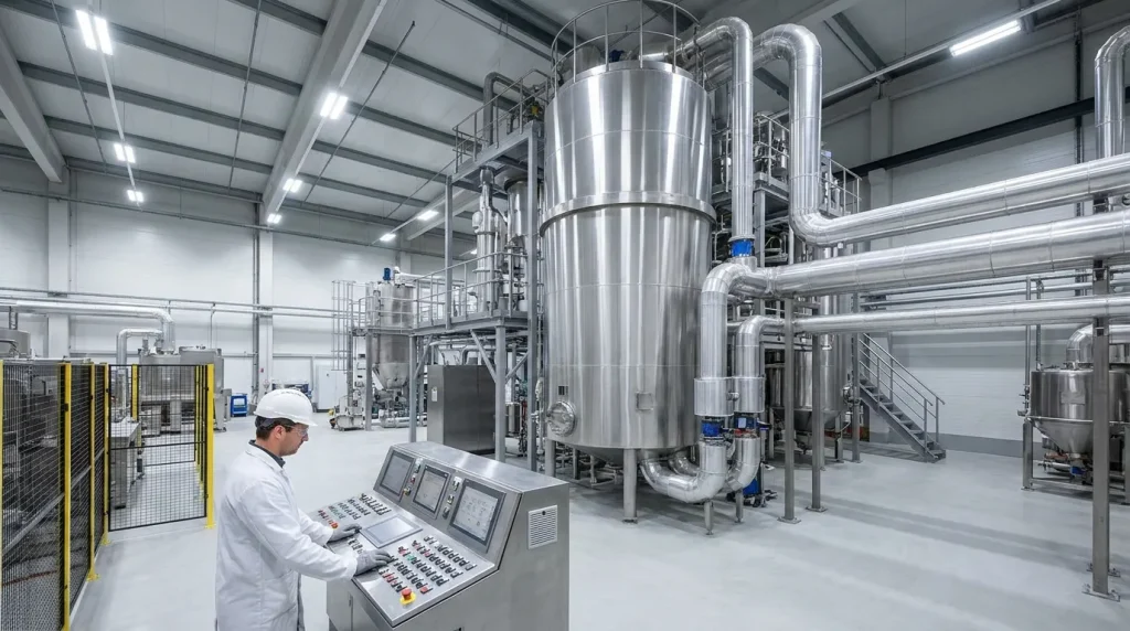 Industrial spray dryer system with stainless steel drying chamber, piping, and operator control station in a manufacturing facility.
