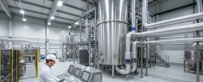 Industrial spray dryer system with stainless steel drying chamber, piping, and operator control station in a manufacturing facility.
