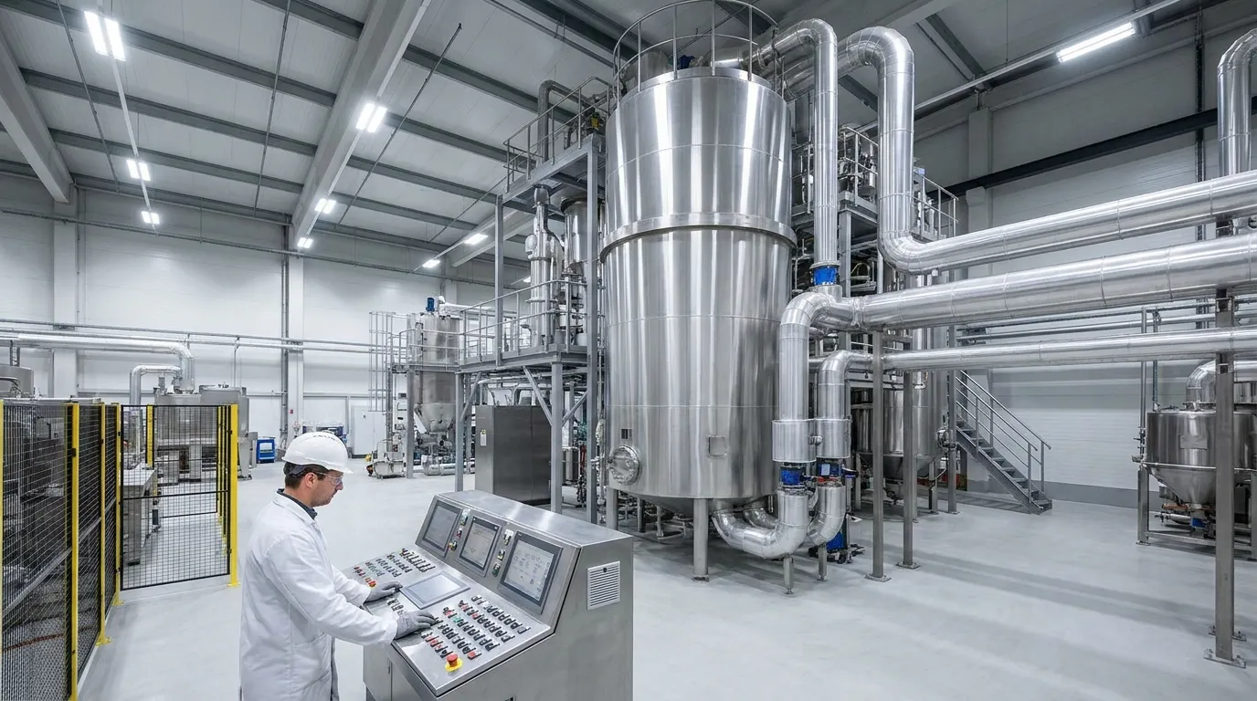 Industrial spray dryer system with stainless steel drying chamber, piping, and operator control station in a manufacturing facility.
