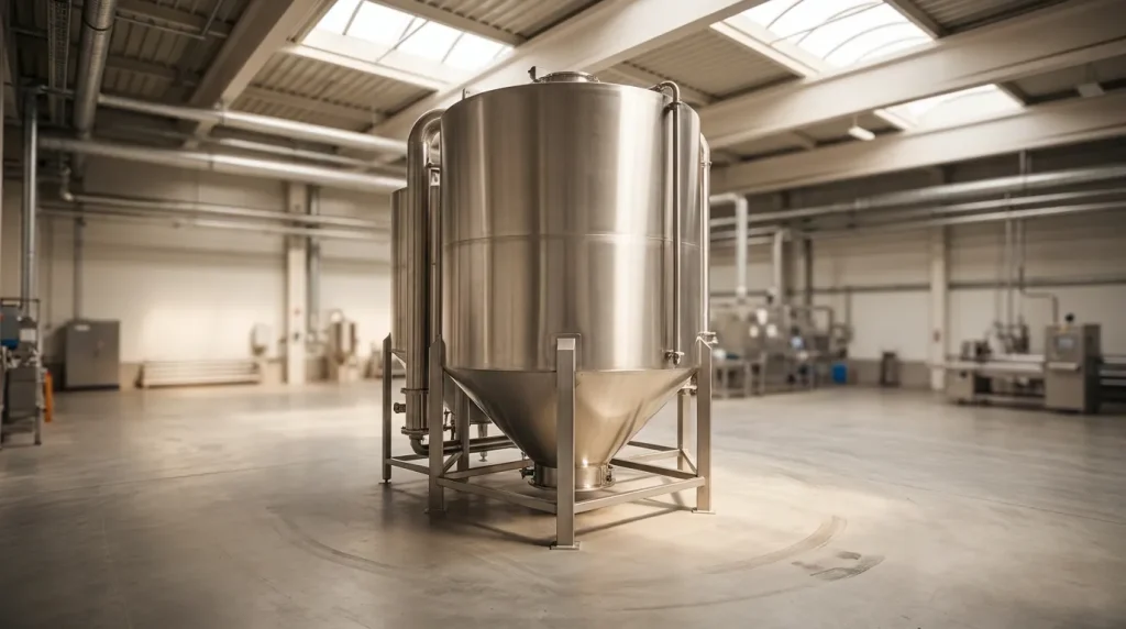 Stainless steel spray dryer with conical powder collection section inside an industrial processing facility.