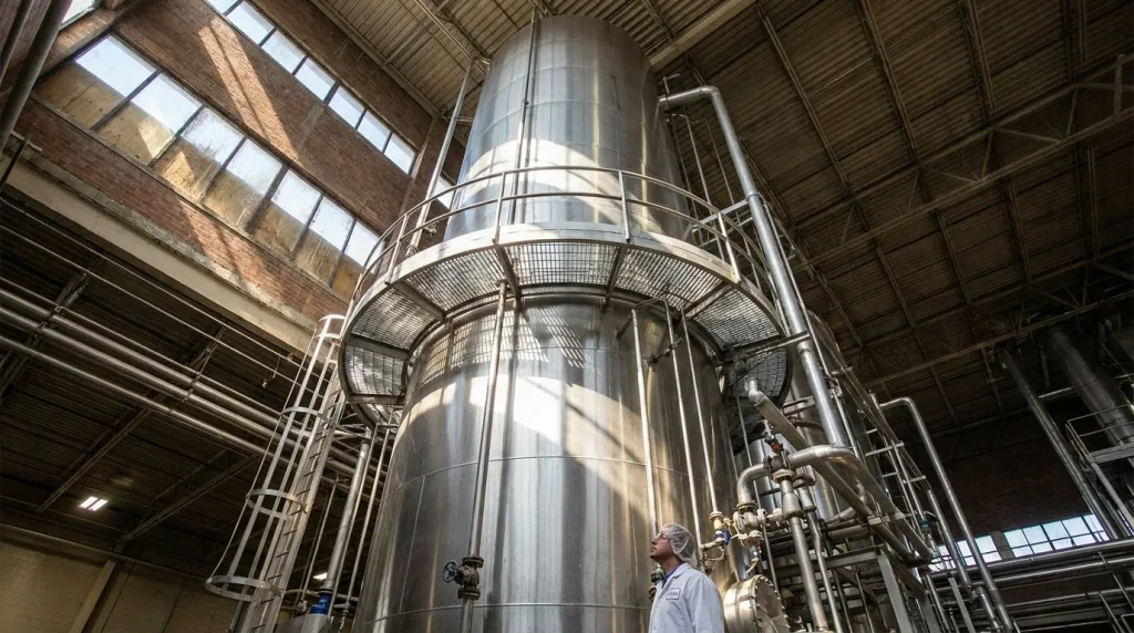 Industrial spray dryer tower with stainless steel piping and processing equipment in a food manufacturing facility.