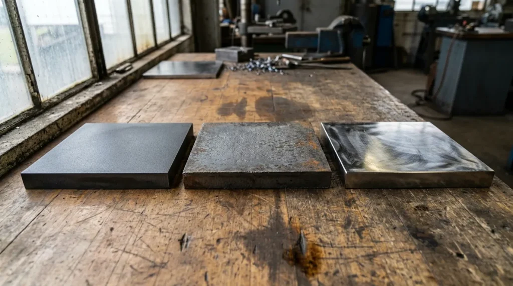Three industrial steel samples showing different surface conditions and levels of wear for material durability comparison.