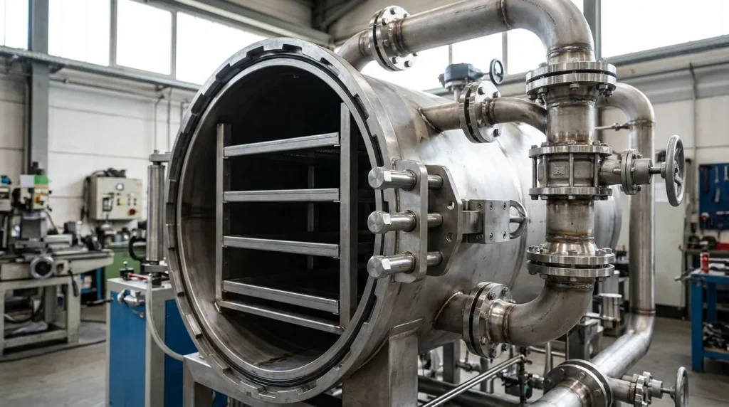 Open industrial vacuum dryer chamber with stainless steel trays, valves, and connected process piping.