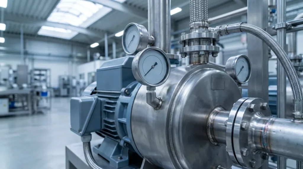 Close-up of an industrial vacuum pump with pressure gauges and stainless steel piping in a pharmaceutical processing facility.
