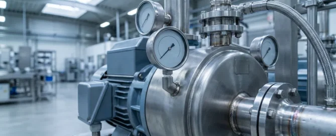 Close-up of an industrial vacuum pump with pressure gauges and stainless steel piping in a pharmaceutical processing facility.
