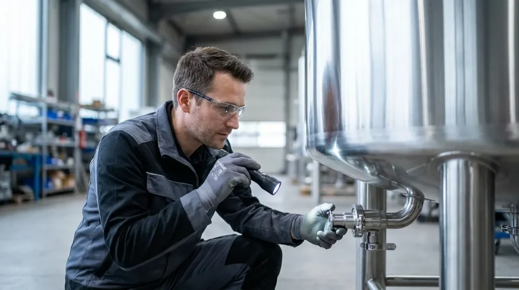 Inspector checking the condition and sanitary fittings of a used stainless steel processing tank.
