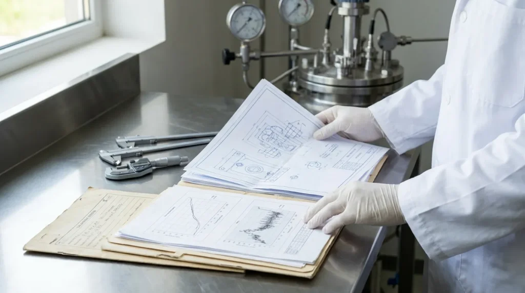 Technician reviewing reactor engineering drawings and qualification records during installation verification.