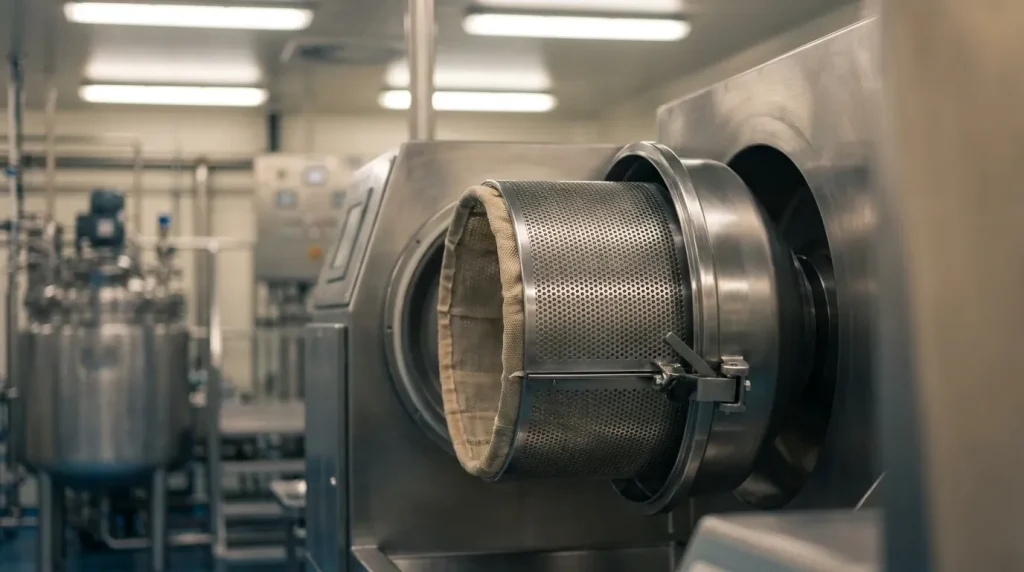 Close-up of an inverting filter centrifuge basket and filter cloth mechanism used for pharmaceutical solid-liquid separation.