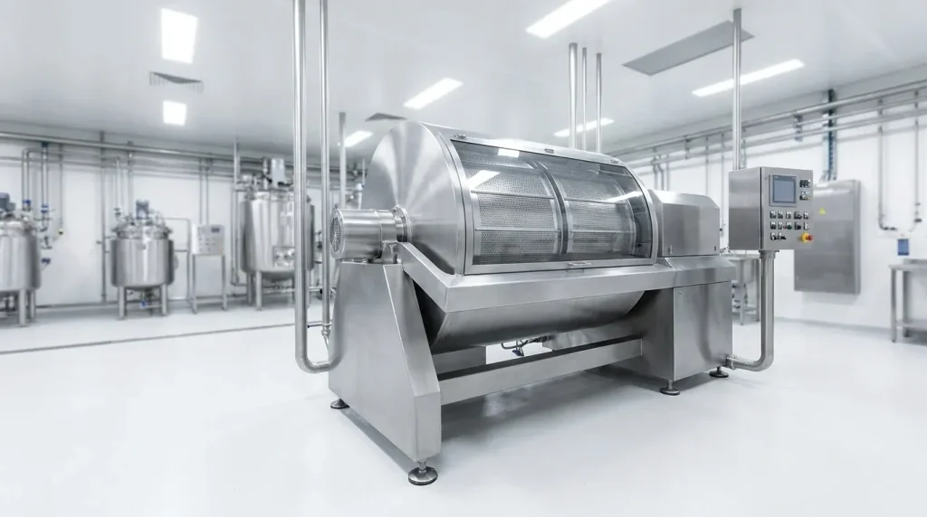 Stainless steel inverting filter centrifuge installed in a clean pharmaceutical manufacturing facility with automated controls.