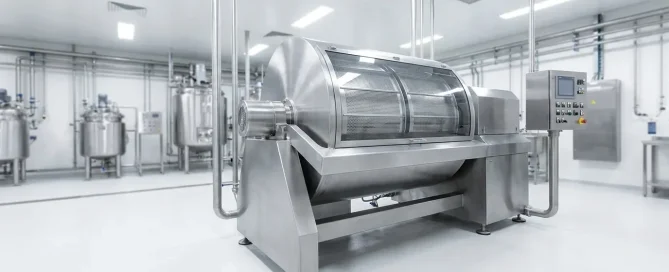 Stainless steel inverting filter centrifuge installed in a clean pharmaceutical manufacturing facility with automated controls.