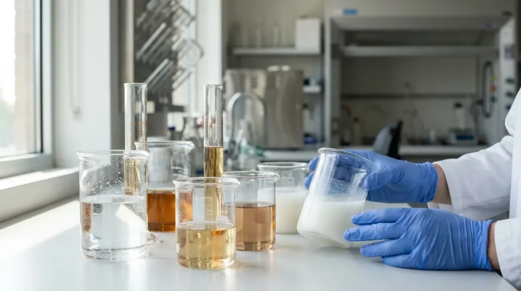Laboratory technician examining liquid samples in beakers for viscosity and feed characteristic testing.