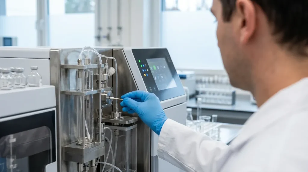 Laboratory technician performing post-cleaning verification testing using analytical equipment in a controlled lab.