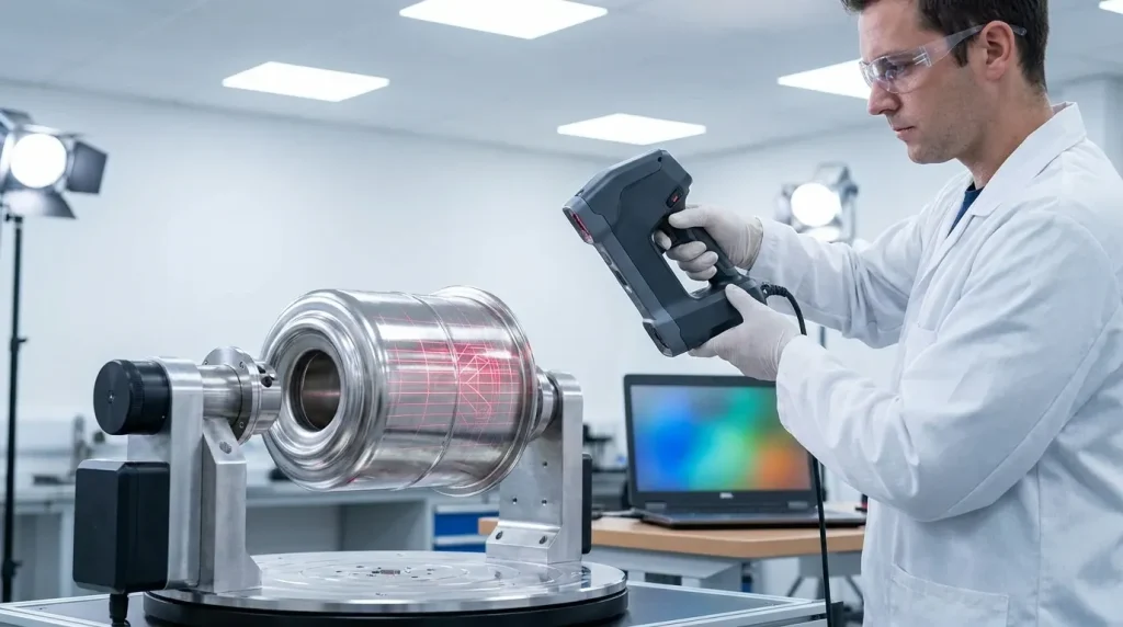 Technician using laser scanning technology to inspect a centrifuge scroll component for dimensional accuracy and surface defects.