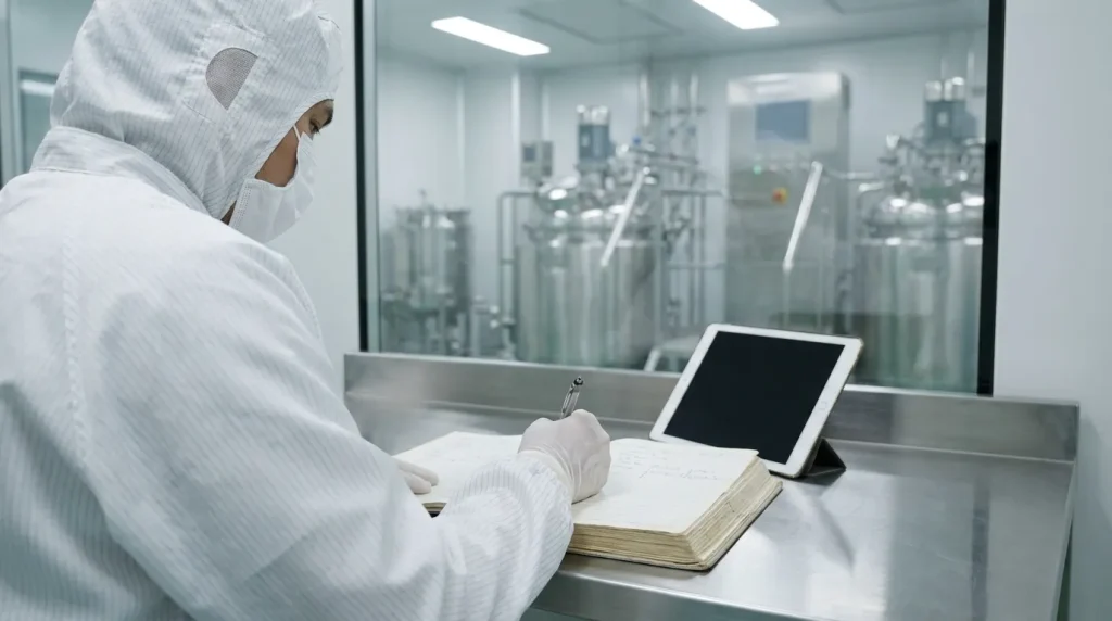 Cleanroom technician documenting pharmaceutical equipment maintenance and compliance records beside a tablet.