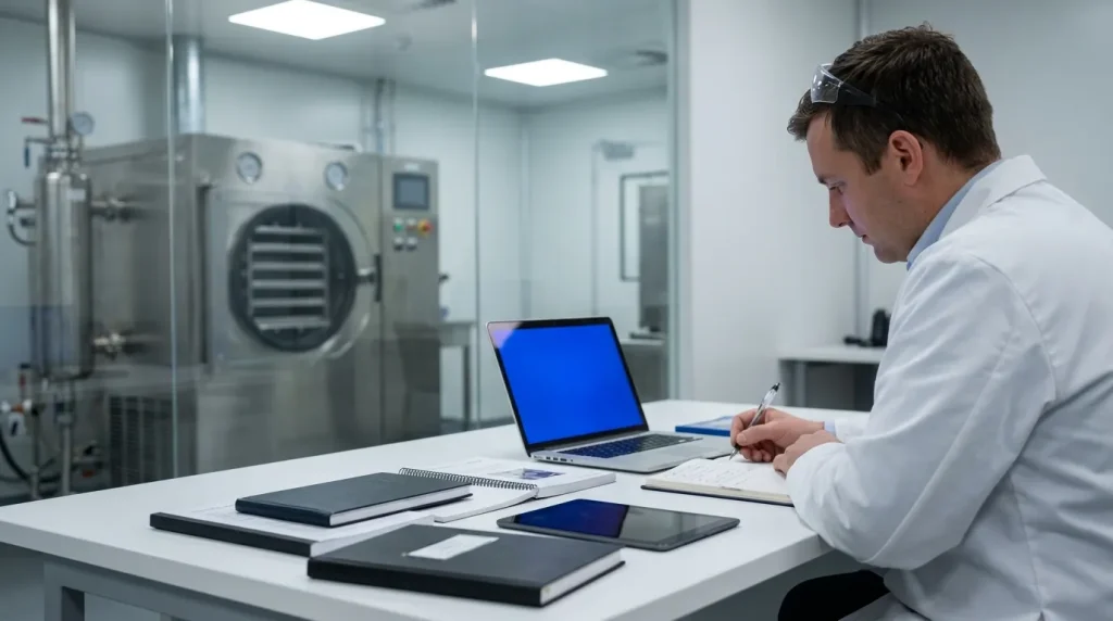 Maintenance supervisor recording equipment service data with a laptop, tablet, and maintenance documentation beside a freeze dryer.