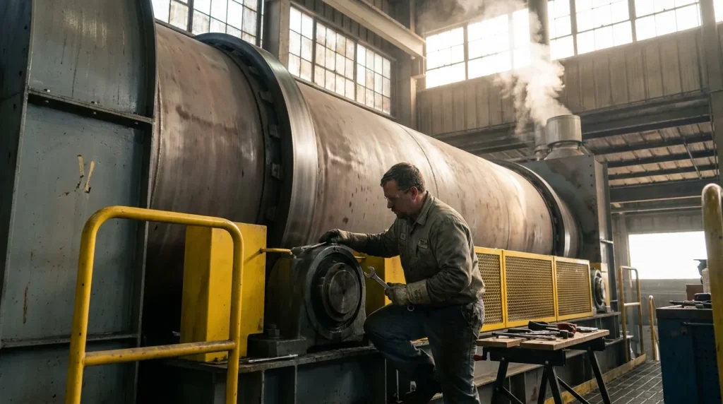 Maintenance technician performing preventive service on a large industrial rotary dryer.