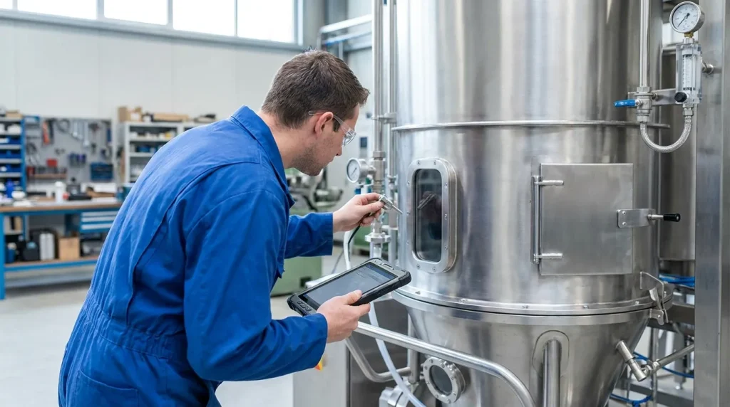 Maintenance technician inspecting a stainless steel fluid bed dryer with a handheld diagnostic device.