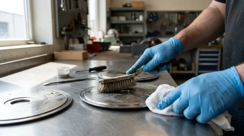 Technician manually cleaning disc stack centrifuge components with a brush during maintenance.