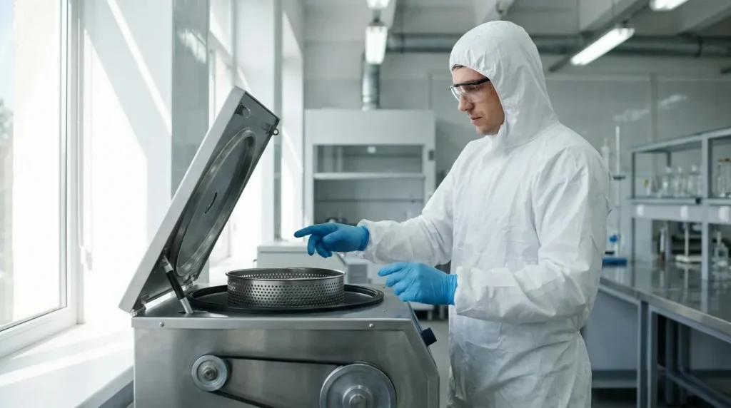 Operator in protective clothing inspecting the open top basket of a manual-discharge industrial centrifuge.