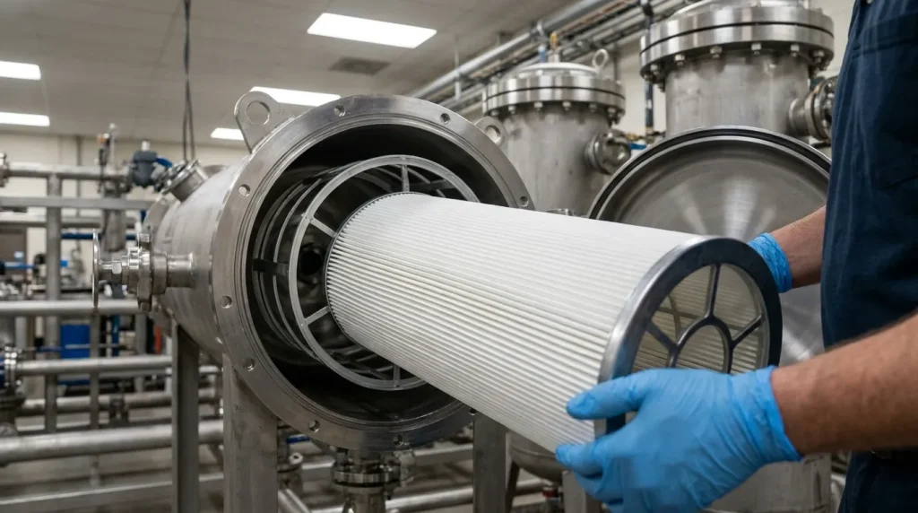 Technician removing a cartridge filter element from industrial filtration equipment during maintenance and inspection.