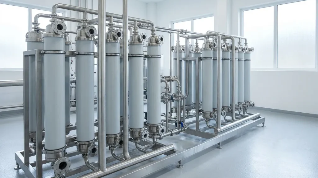 Skid-mounted membrane filtration modules with stainless steel piping inside a clean industrial process room.