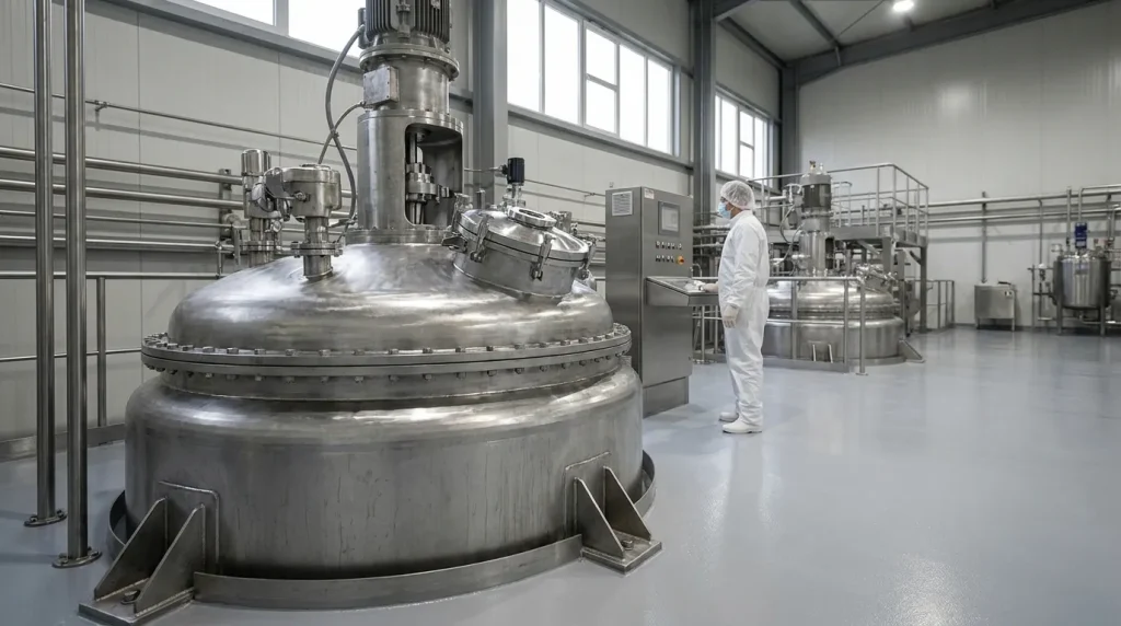Agitated Nutsche filter dryer installed in a pharmaceutical manufacturing facility with a technician monitoring the equipment.