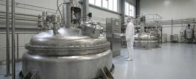 Agitated Nutsche filter dryer installed in a pharmaceutical manufacturing facility with a technician monitoring the equipment.