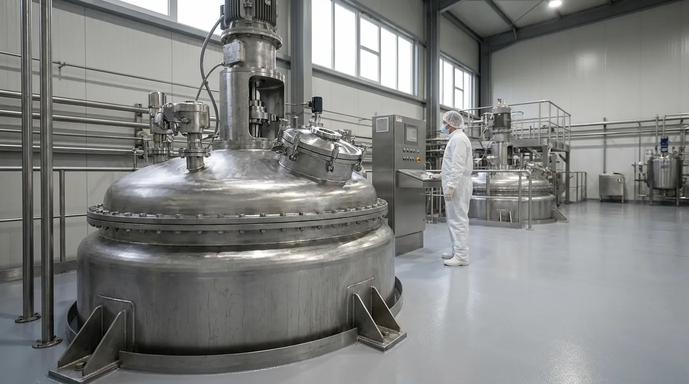 Agitated Nutsche filter dryer installed in a pharmaceutical manufacturing facility with a technician monitoring the equipment.