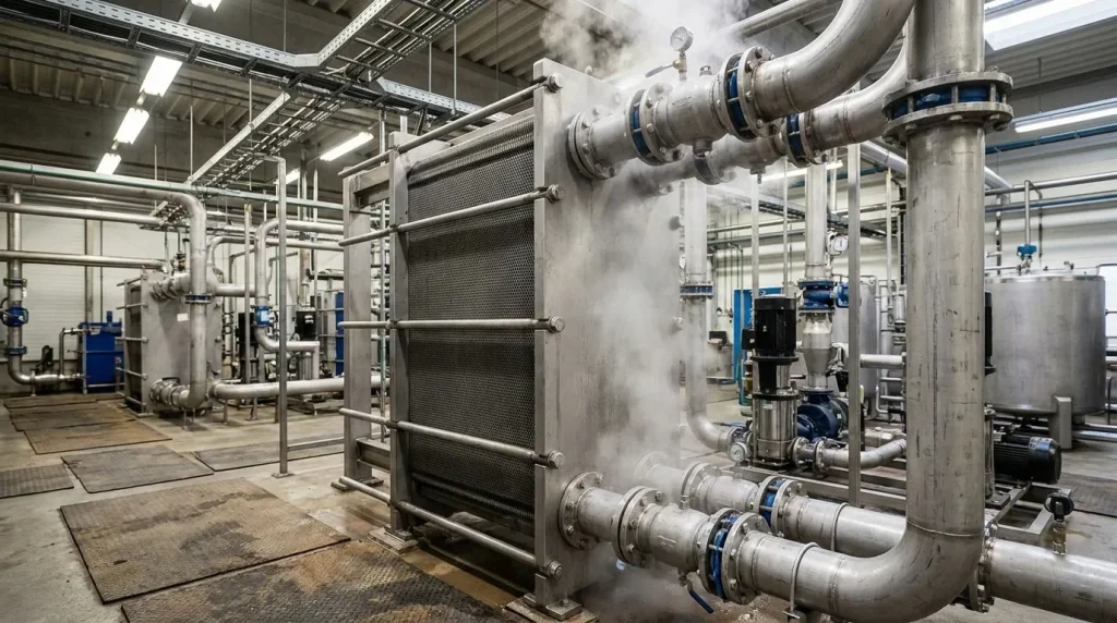 Operational industrial plate heat exchanger connected to stainless steel piping and flow lines.