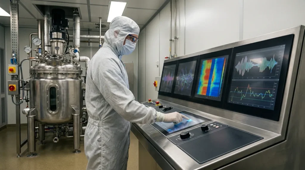 Cleanroom technician operating a digital control system during reactor operational qualification testing.